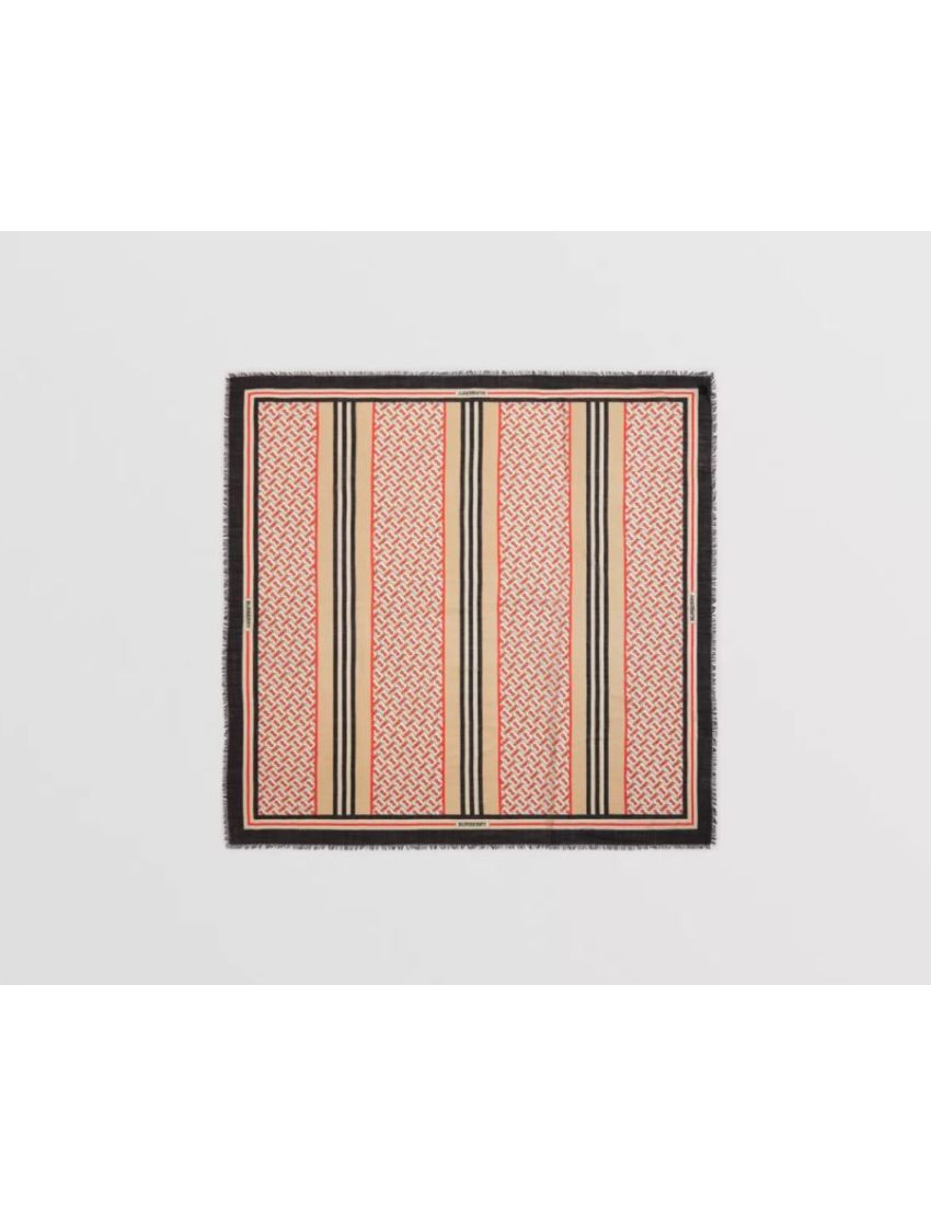[BURBERRY] Icon Stripe Monogram Print Wool Silk Large Square Scarf 80180381