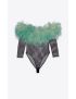 [SAINT LAURENT] bodysuit in mesh and feathers 687596Y5E528002