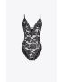 [SAINT LAURENT] bodysuit with a low plunging neckline in black stretch floral lace 488871Y454R1000