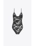 [SAINT LAURENT] bodysuit with a low plunging neckline in black stretch floral lace 488871Y454R1000